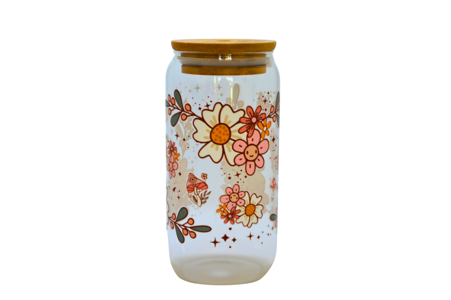 Mushroom and Flowers Glass Tumbler with Bamboo Lid and Glass Straw